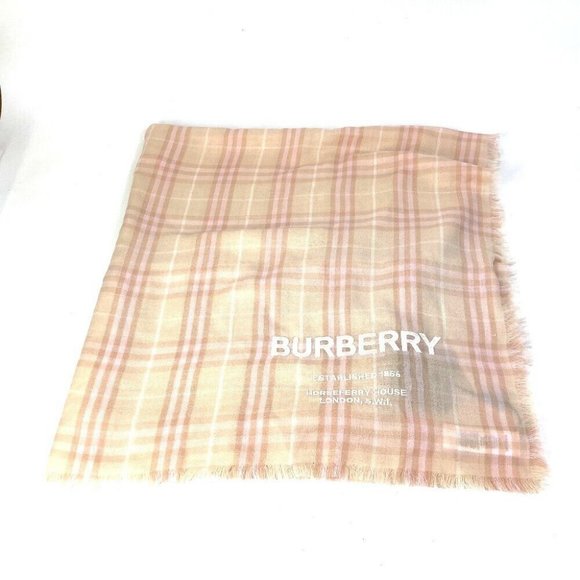 BURBERRY check logo Stole/Shawl fringe Scarf Cashmere Pink/Beige - Picture 1 of 7